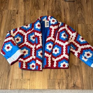 Geometric Quilted Cropped Puffer Jacket in Red, Blue & White